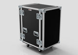 The 18U Suspended Shock Mounted Rack Case is a black rolling equipment case with metal edges, latches, four handles, caster wheels, and suspended shock mounted racks for secure equipment storage, shown against a plain light background.