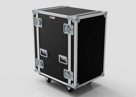 The 18U Suspended Shock Mounted Rack Case is a black rolling equipment case with metal edges, latches, four handles, caster wheels, and suspended shock mounted racks for secure equipment storage, shown against a plain light background.
