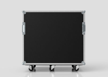 The 19U Double Bay Rack Case, featuring metal edges, side handles, and four caster wheels, is shown against a plain light gray background.