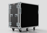 The 19U Double Bay Rack Case features a black finish with metal reinforcements and latches, standing on four caster wheels against a plain background.