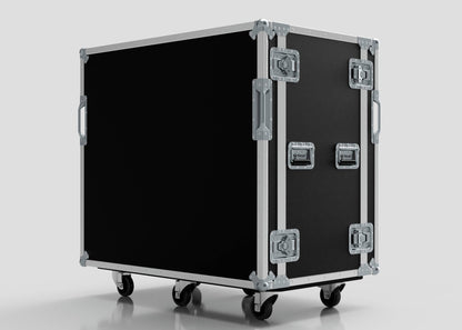 The 19U Double Bay Rack Case is a large black road case with metal edges, four latches, handles, and four wheels, shown against a plain light gray background.