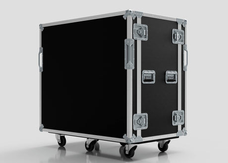 The 19U Double Bay Rack Case is a large black road case with metal edges, four latches, handles, and four wheels, shown against a plain light gray background.