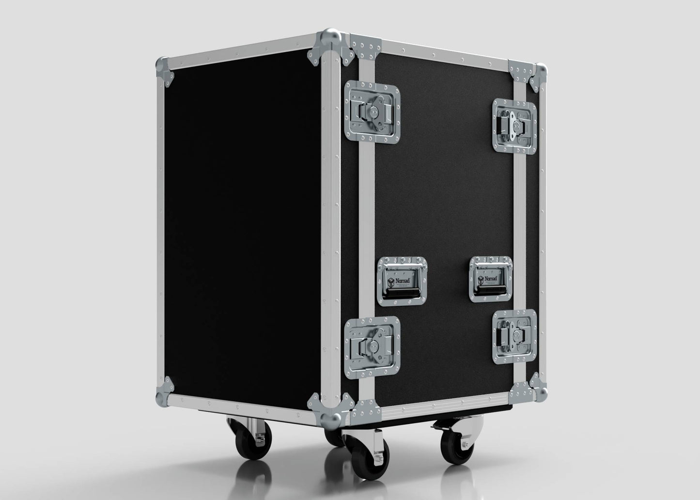 The 19U Foam Shock Mounted 19" Rack Case is a large black and silver flight case on four wheels with metal reinforced corners, latches, and a birch plywood rack for secure equipment storage, shown on a light gray background.