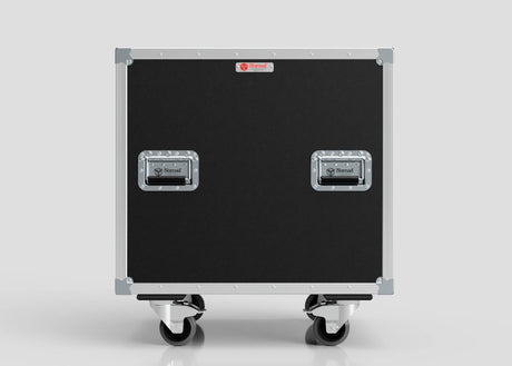 A 19U Shock Mount Slam Rack Case—black, rectangular with metal edges and handles, on four caster wheels—is shown against a plain light gray background.