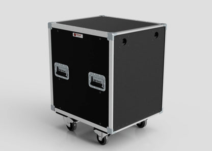 The 19U Slam Rack Case is a black rolling equipment case with metal edges, reinforced corners, two side handles, and four caster wheels, displayed against a plain light background.