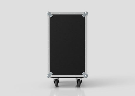 The 19U Standard Rack Case is a black rectangular rack mount case with metal edges and corners, shown upright on four wheels against a plain light gray background.