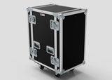 The 19U Standard Rack Case is a black and silver rack mount case with metal edges, corner protectors, four latches, and wheels, displayed on a plain background.