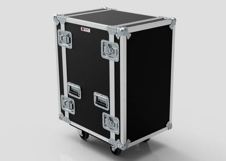The 19U Standard Rack Case is a black and silver rack mount case with metal edges, corner protectors, four latches, and wheels, displayed on a plain background.