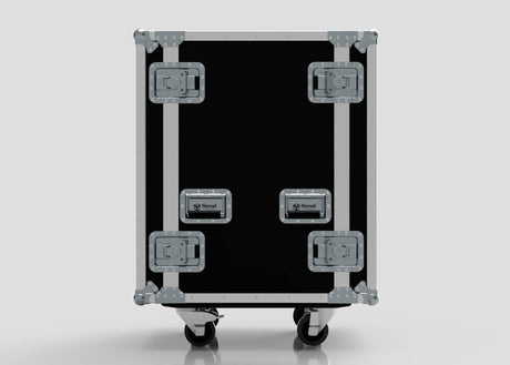 The 19U Standard Rack Case features black birch plywood construction, metal reinforcements, and wheeled handles, shown from the front against a plain background.