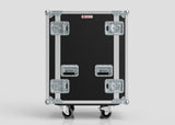 A 19U Standard Rack Case in black and silver, featuring four latches, metal reinforcements, and wheels, is shown against a plain light background.