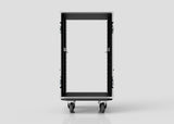 A front view of an empty 19U Standard Rack Case, made of black metal and mounted on four wheels, set against a plain light gray background.