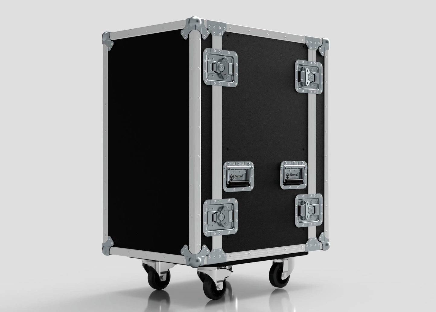 The 19U Standard Rack Case, made from durable birch plywood with metal edges, handles, and four heavy-duty caster wheels, is shown on a plain light background.