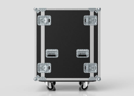 The 19U Suspended Shock Mounted Rack Case is a black rolling equipment rack with metal reinforcements, four latches, two handles, and suspended shock mounted racks for extra protection, shown against a plain background.