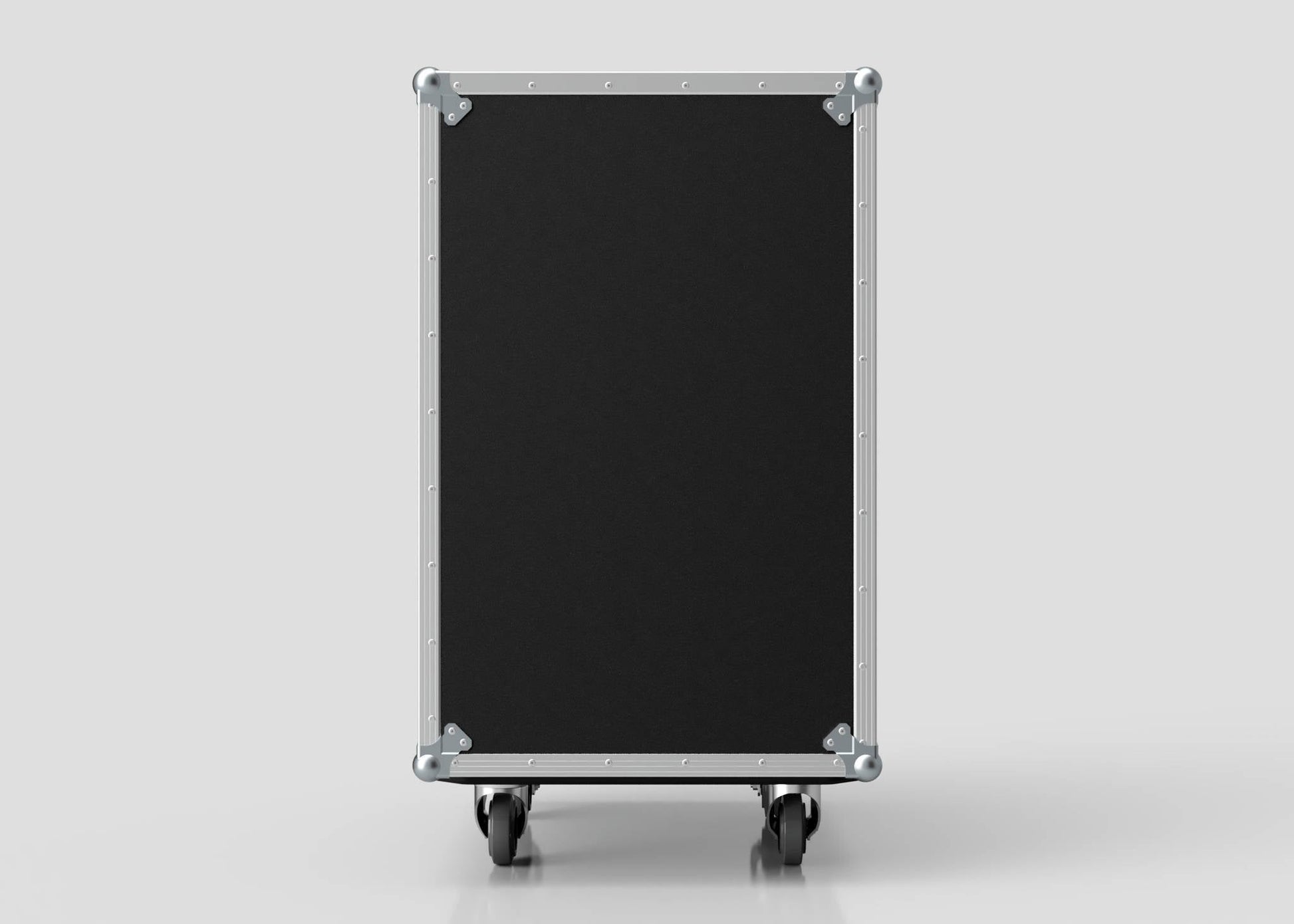 The 19U Suspended Shock Mounted Rack Case is a black rectangular equipment case with metal edges and corners, shock-mounted racks, and four caster wheels. It stands upright on a plain white background.