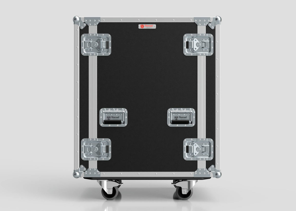 The 19U Suspended Shock Mounted Rack Case is a large black and silver equipment rack with metal reinforcements, handles, wheels, and anti-vibration mounts, set against a plain gray background.