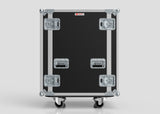 The 19U Suspended Shock Mounted Rack Case is a large black and silver equipment rack with metal reinforcements, handles, wheels, and anti-vibration mounts, set against a plain gray background.