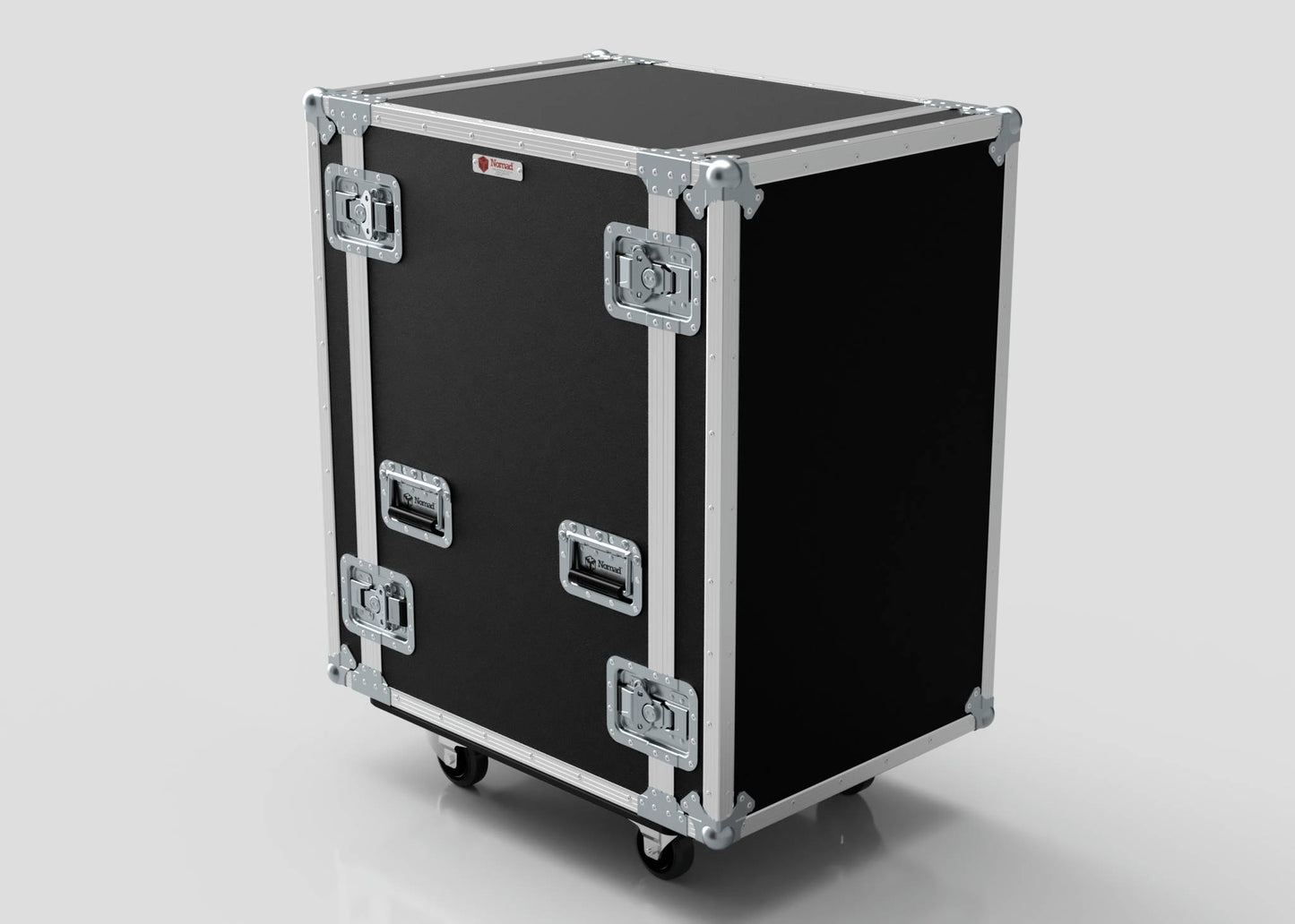 The 19U Suspended Shock Mounted Rack Case, a large black rectangular rack with metal edges, handles, latches, wheels, and anti-vibration mounts, stands on a smooth reflective surface against a plain background.