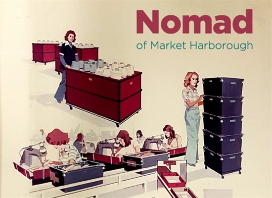 Illustration of women handling and stacking crates and milk bottles, with the text Nomad of Market Harborough in the background.