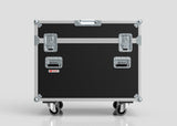 The 2 Way Ayrton Rivale Case is a black hard-shell rolling equipment case with metal reinforcements, latches, handles, and four wheels, shown against a plain light background. External dimensions: 1014 x 608 x 912 mm.