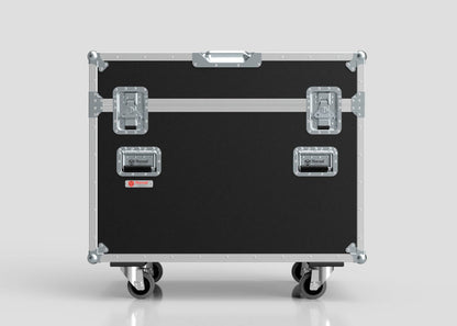 The 2 Way Ayrton Rivale Case is a black hard-shell rolling equipment case with metal reinforcements, latches, handles, and four wheels, shown against a plain light background. External dimensions: 1014 x 608 x 912 mm.