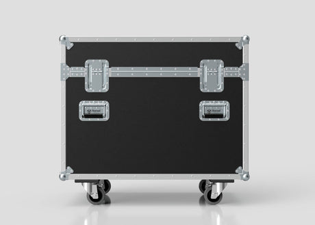 The 2 Way Ayrton Rivale Case is a black and silver equipment road case with metal reinforcements, handles, and four caster wheels. Its external dimensions are 1014 x 608 x 912 mm, providing ample space for your gear.