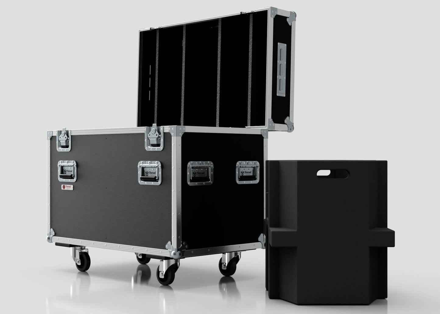 A black 2 Way Ayrton Rivale Case with metal edges and side handles stands open beside a stackable black plastic storage bin, both against a plain white background. The case’s external dimensions are 1014 x 608 x 912 mm.
