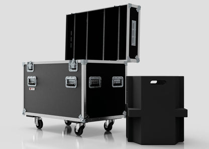 A black 2 Way Ayrton Rivale Case with metal edges and side handles stands open beside a stackable black plastic storage bin, both against a plain white background. The case’s external dimensions are 1014 x 608 x 912 mm.
