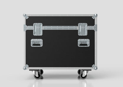 The 2 Way Ayrton Rivale Case is a black and silver hard case with metal reinforcements, secure latches, and four caster wheels. Its external dimensions are 1014 x 608 x 912 mm and it is shown against a plain light gray background.