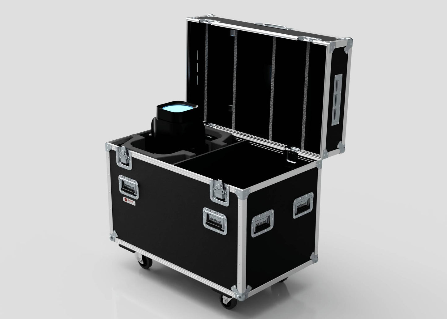 The 2 Way Ayrton Rivale Case is a black, wheeled equipment case with an open lid, showing one electronic device secured in foam; external dimensions are 1014 x 608 x 912 mm.