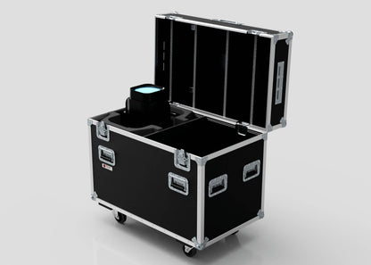 The 2 Way Ayrton Rivale Case is a black, wheeled equipment case with an open lid, showing one electronic device secured in foam; external dimensions are 1014 x 608 x 912 mm.