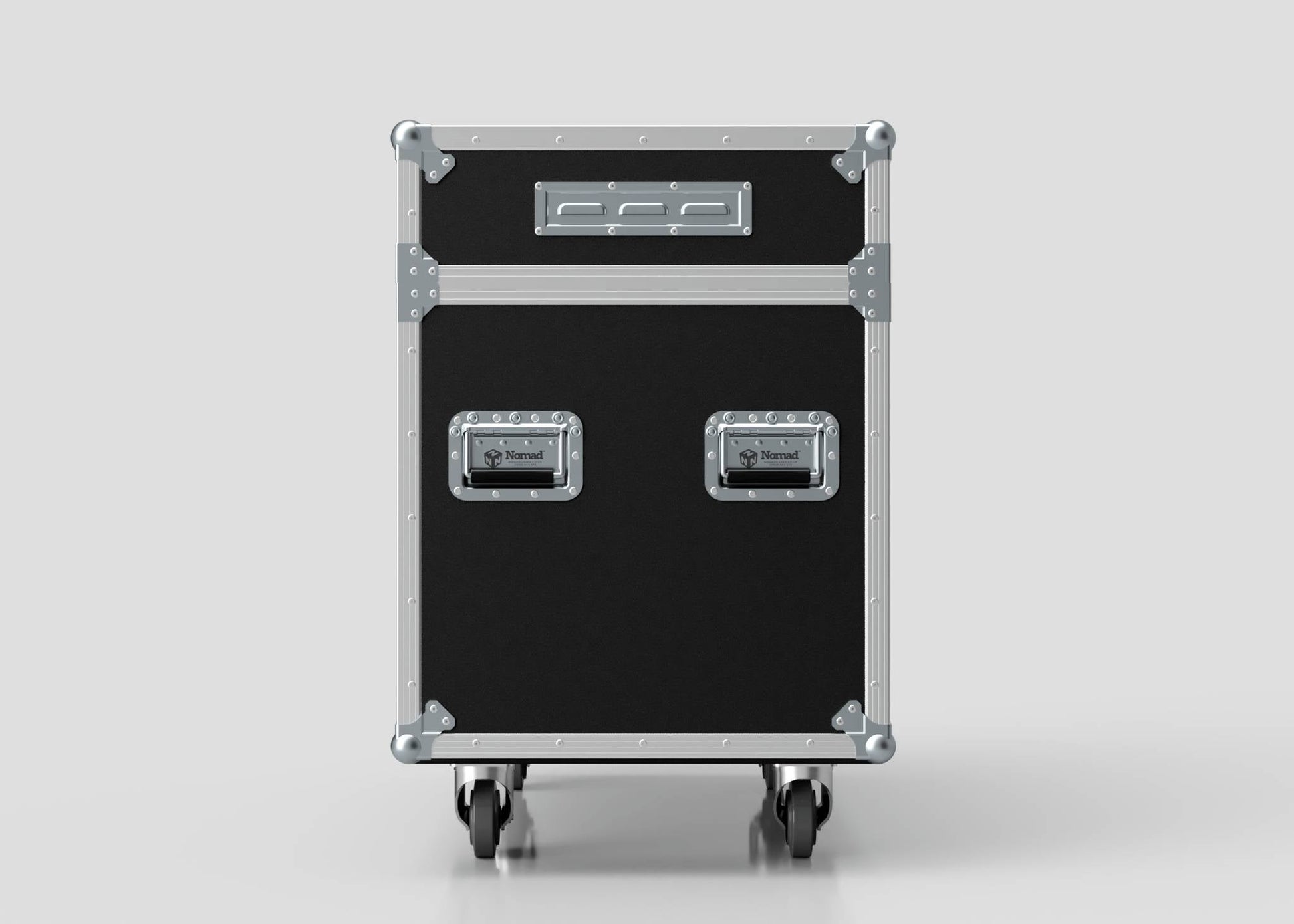 The 2 Way Ayrton Rivale Case is a black and silver road case with metal corners, handles, and wheels, displayed against a plain light background. Its external dimensions are 1014 x 608 x 912 mm.
