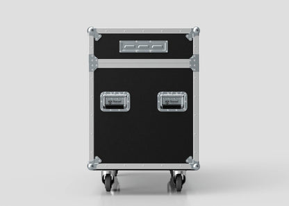 The 2 Way Ayrton Rivale Case is a black and silver road case with metal corners, handles, and wheels, displayed against a plain light background. Its external dimensions are 1014 x 608 x 912 mm.