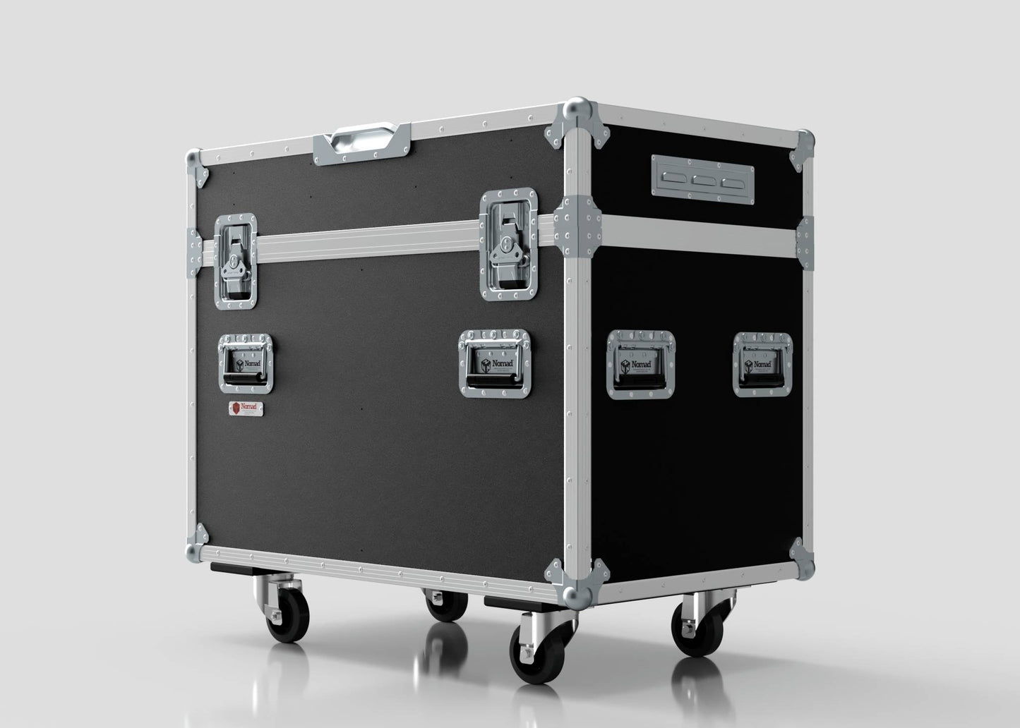 The 2 Way Ayrton Rivale Case is a large, black flight case with metal edges, handles, and latches, mounted on four caster wheels, measuring 1014 x 608 x 912 mm, and displayed against a plain light background.