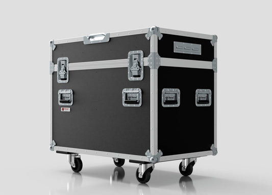 The 2 Way Ayrton Rivale Case is a large, black flight case with metal edges, handles, and latches, mounted on four caster wheels, measuring 1014 x 608 x 912 mm, and displayed against a plain light background.