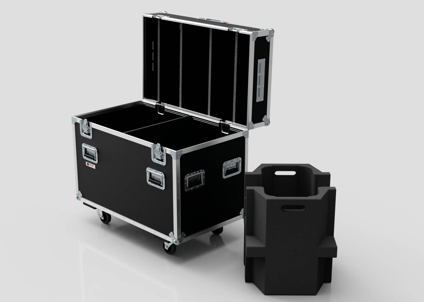 The 2 Way Ayrton Rivale Case is a black hard case with metal edges and handles, open to show interior compartments. Beside it is a removable black foam insert with hand holes. External dimensions: 1014 x 608 x 912 mm.