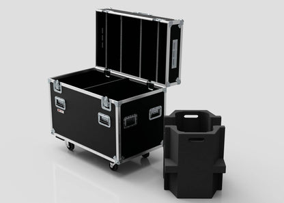 The 2 Way Ayrton Rivale Case is a black hard case with metal edges and handles, open to show interior compartments. Beside it is a removable black foam insert with hand holes. External dimensions: 1014 x 608 x 912 mm.