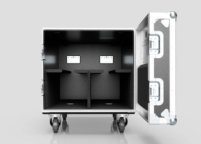 The 2 Way COLORado PXL Curve 12 Case is a silver hard case on wheels with interior dividers, two wall plates, foam padding, and external dimensions of 1220 x 600 x 661 mm, designed for safe equipment transport.