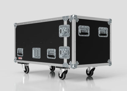 The 2 Way COLORado PXL Curve 12 Case is a large black and silver metal equipment case with handles, latches, and four wheels. It sits on a plain white background, measuring 1220 x 600 x 661 mm externally.