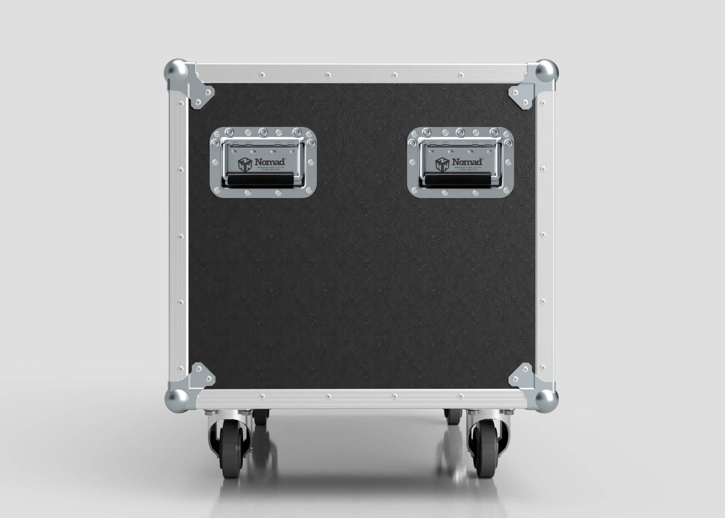 The 2 Way COLORado PXL Curve 12 Case, shown here in black and silver with reinforced corners, two metal handles, and four caster wheels, measures 1220 x 600 x 661 mm against a plain light background.