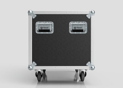 The 2 Way COLORado PXL Curve 12 Case, shown here in black and silver with reinforced corners, two metal handles, and four caster wheels, measures 1220 x 600 x 661 mm against a plain light background.
