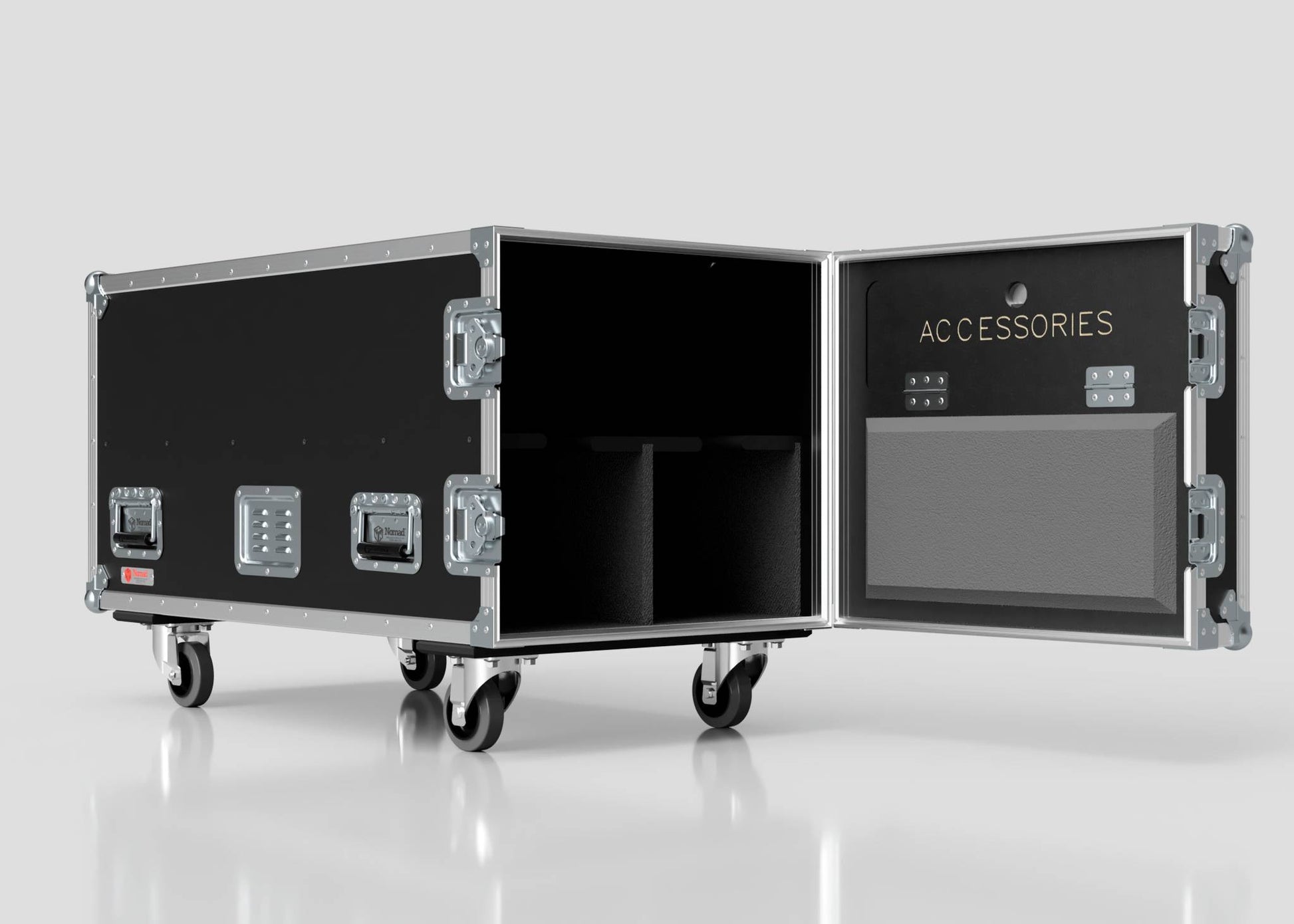 The 2 Way COLORado PXL Curve 12 Case is a black wheeled storage case with an open door labeled ACCESSORIES, showing interior compartments. It measures 1220 x 600 x 661 mm and is displayed against a plain white background.