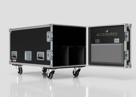 The 2 Way COLORado PXL Curve 12 Case is a black wheeled storage case with an open door labeled ACCESSORIES, showing interior compartments. It measures 1220 x 600 x 661 mm and is displayed against a plain white background.