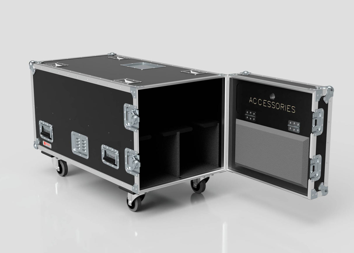 The 2 Way COLORado PXL Curve 12 Case is a black rolling equipment case with metal edges, latches, visible interior compartments, a door labeled ACCESSORIES with pockets, and external dimensions of 1220 x 600 x 661 mm.