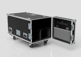 The 2 Way COLORado PXL Curve 12 Case is a black rolling equipment case with metal edges, latches, visible interior compartments, a door labeled ACCESSORIES with pockets, and external dimensions of 1220 x 600 x 661 mm.