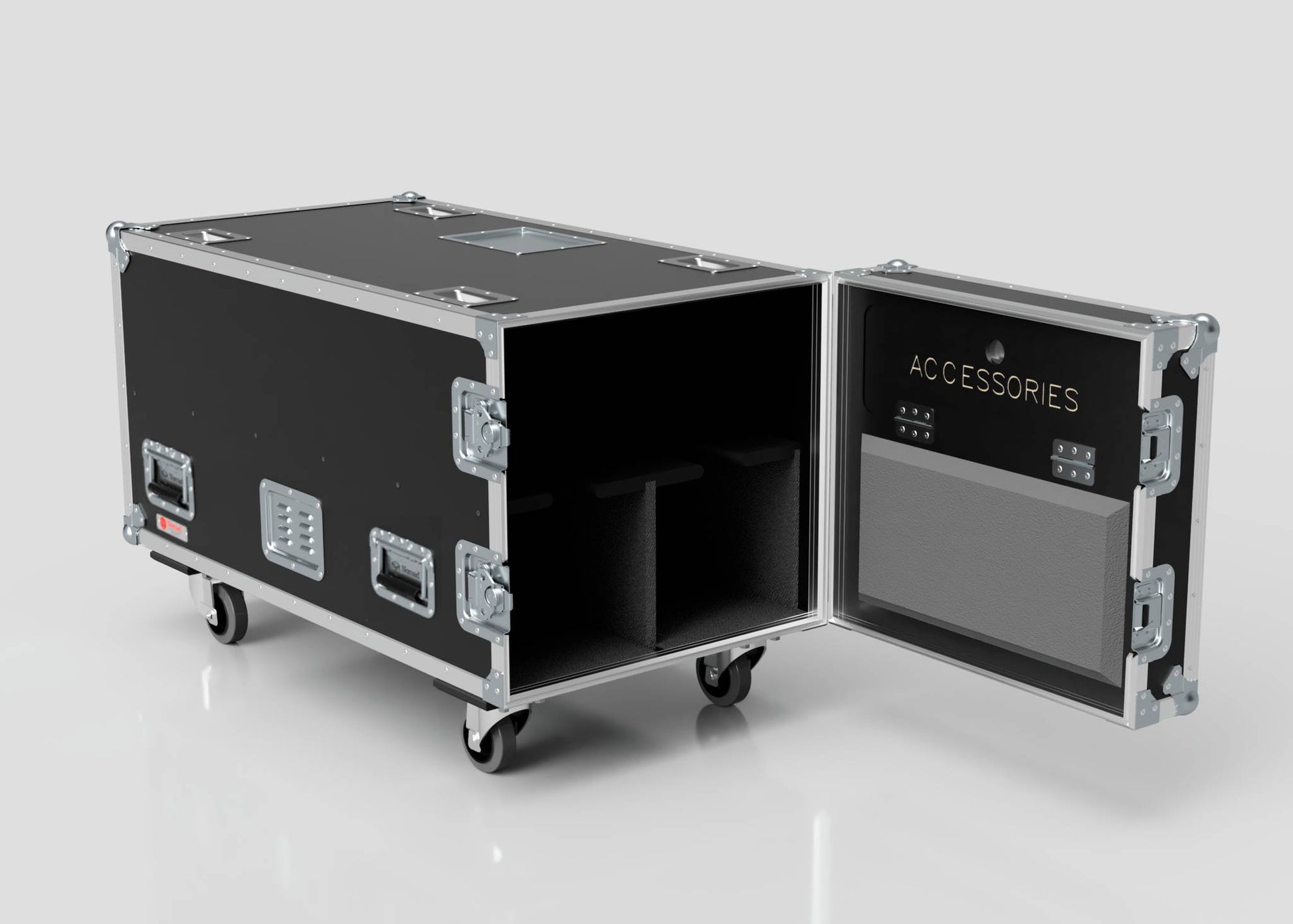 The 2 Way COLORado PXL Curve 12 Case is a black rolling equipment case with metal edges, latches, visible interior compartments, a door labeled ACCESSORIES with pockets, and external dimensions of 1220 x 600 x 661 mm.