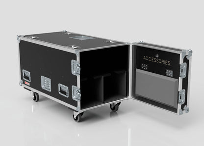 The 2 Way COLORado PXL Curve 12 Case is a black rolling equipment case with metal edges, latches, visible interior compartments, a door labeled ACCESSORIES with pockets, and external dimensions of 1220 x 600 x 661 mm.