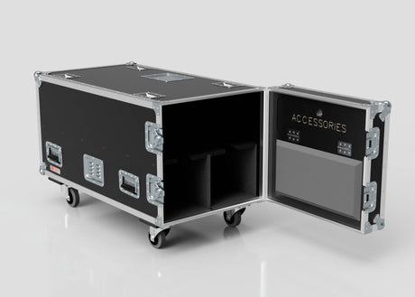 The 2 Way COLORado PXL Curve 12 Case is a black rolling equipment case with metal edges, latches, visible interior compartments, a door labeled ACCESSORIES with pockets, and external dimensions of 1220 x 600 x 661 mm.