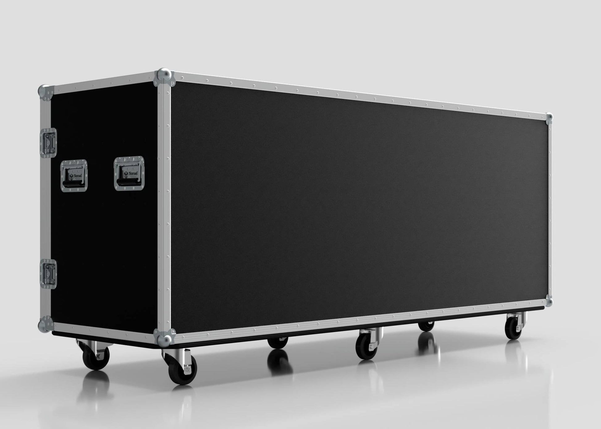 The 20 Way Euro Crate Case is a large black rectangular equipment case with metal edges and handles, built for high load capacity, mounted on six caster wheels and shown on a white background.