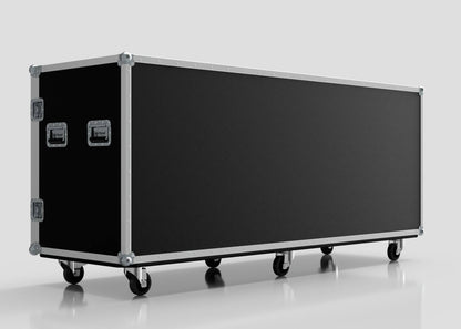 The 20 Way Euro Crate Case is a large black rectangular equipment case with metal edges and handles, built for high load capacity, mounted on six caster wheels and shown on a white background.