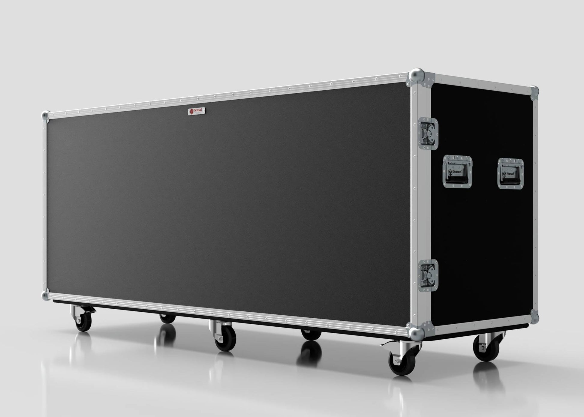The 20 Way Euro Crate Case is a large black equipment case with silver metal edges, corner protectors, handles, and four wheels for high load capacity and easy transport, shown on a white background.